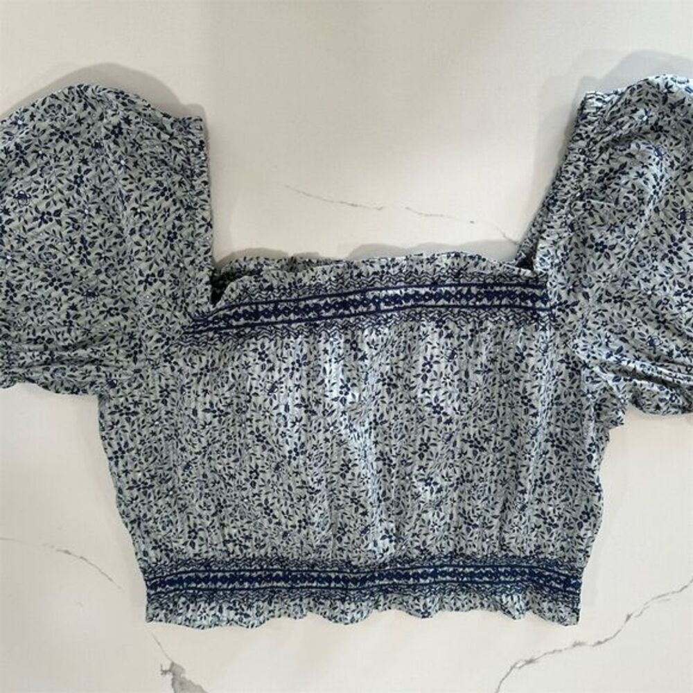 NWT Madewell Women's Cropped Floral Blouse Blue Puff Sleeve Size S AK103‎